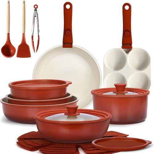 GiPP 21 Pezzi Set di Padelle Antiaderenti con Manici Rimovibili, Rossa
