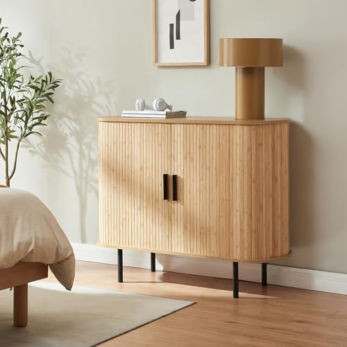 [en.casa] Meuble d'Appoint Tvedestrand Armoire de Chaussures 100 x 40 x 80 cm Meuble de Rangement avec 2 Portes Coulissantes et 3 Compartiments Cuisine Séjour Entrée Bambou Naturel