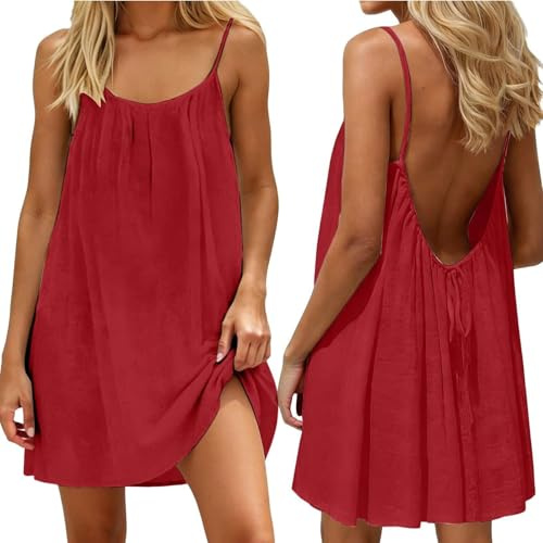 Vestido Espalda Descubierta Mujer Verano, Vestido Camiseta Tirantes Finos, Modelo Amplio Fluido Tallas Grandes para Hogar y Playa