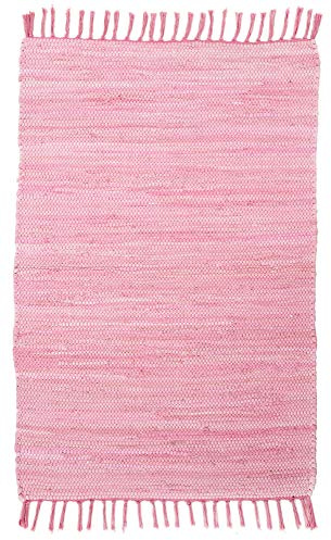 Theko | Dhurry Teppich aus 100% Baumwolle Flachgewebe Teppich Happy Cotton | handgewebt | Farbe: Rose | 70x140 cm