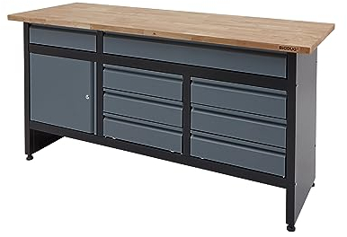 BiGDUG Garage Workbench Drawer Cabinet - Workshop Storage Workstation - 842H x 1709W x 600D mm - 8x Drawer & 1 Door Cupboard - Black/Grey