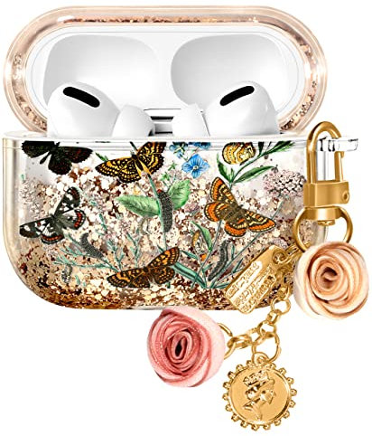 Kokaaee Funda para Airpod Pro y Pro 2, bonita funda Kawaii para mujer, protector estético para niñas, purpurina líquida, brillante, diseño de mariposa, llavero Y2K para Apple Airpod Pro 1/2