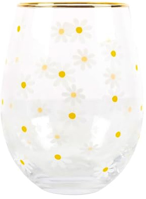 Tech Island Wine GlassDAISY Print STEMLESS Wine Glass Clear Crystal Effect Ideal for Sassy, Strong Women, Party, Cocktails, Whiskey Champagne, Mother’s Day Birthday,Gift (Daisy Print)