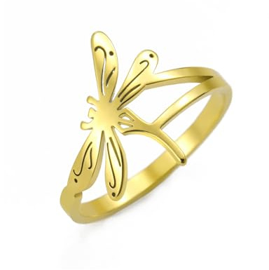 kkjoy Bague de Libellule en Acier Inoxydable Bagues d'Elfes Volants Adorables Insectes Bagues Eternelles Empilables Bague de Promesse Bijoux pour Femmes Charmantes Dames (Diamètre 21mm, Or)