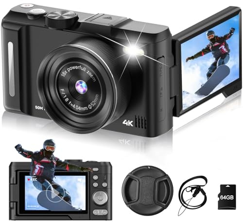 Cámara digital 4K para fotografía, cámara de vlogging de 50 MP para video de YouTube con flash y pantalla abatible de 180° de 3 pulgadas, zoom digital de 18X, cámaras de viaje compactas con tarjeta TF