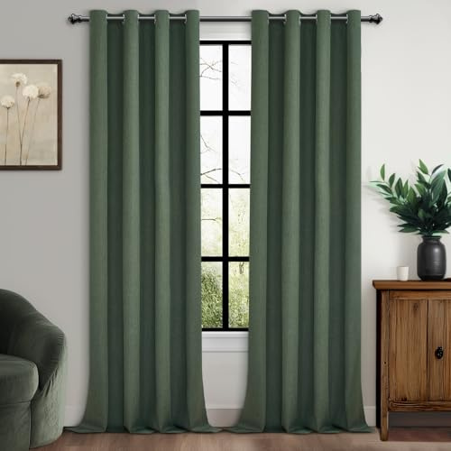 MRTREES Cortinas Opacas Termicas Aislantes Frio y Calor de Casa Cortina 100% Blackout Lino Verde Olivo Acustica con Ojales para Salon Dormitorio Comedor Habitacion 2 Piezas, 140x245 CM