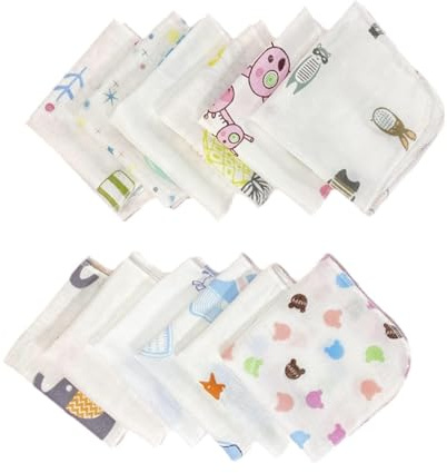 YIBOZI Juego de 10 paños para bebé de 20 x 20 cm, con estampado de dibujos animados, doble capa, toalla facial infantil, reutilizables, absorbentes, cuadrados, paños para eructos, pañuelo para bebé
