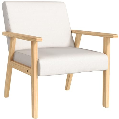 HOMCOM Poltrona per Camera da Letto Moderno con 2 Cuscini in Lino, Poltrona per Salotto d'Arredo con Gambe in Legno di Pino, 64x70x72 cm, Crema e color Legno