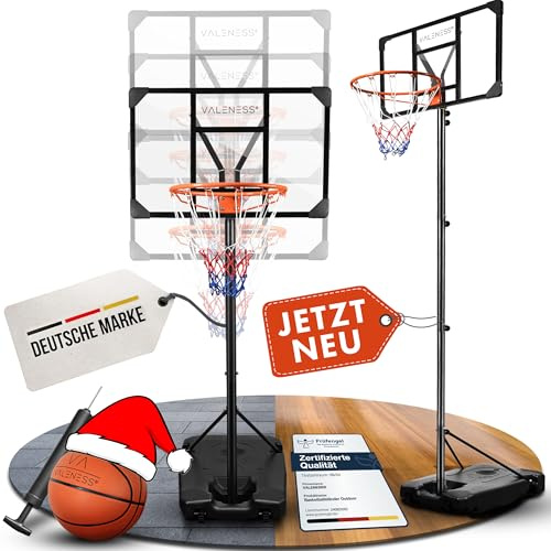 VALENESS® Basketballkorb Outdoor - [135 bis 305 cm] Höhenverstellbarer und Wetterfester Ständer - Profi Korb Mit Basketball und Pumpe für Kinder und Erwachsene (Jugendliche und Erwachsene)