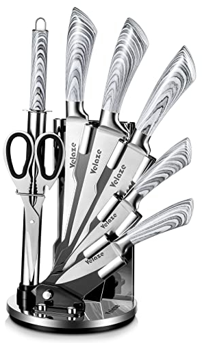 Velaze Set Coltelli, 8 Pezzi Coltelli da Cucina Set di Coltelli da Cucina Professionali Chef, Ceppo con coltelli, Set di Coltelli in Acciaio Inox Inossidabile con Blocco Coltelli Girevole Argento