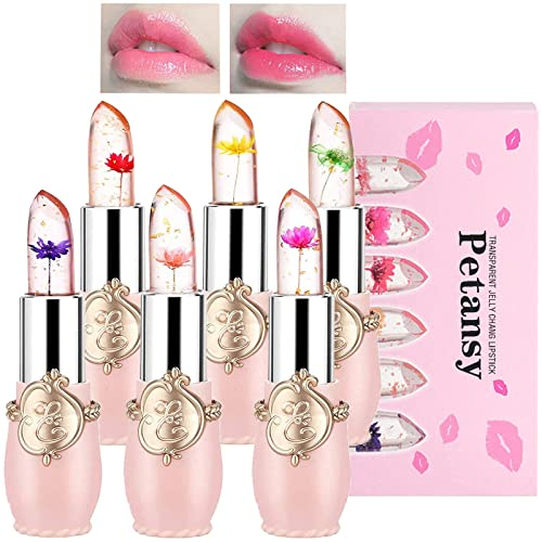 Petansy 6 Stück Lippenstift-Set mit Kristallgelee, Blume, nahrhaft, Temperaturwechsel, Lippenbalsam, langanhaltend, Feuchtigkeitscreme, Lipgloss, magischer Farbwechsel