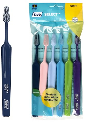TePe Select Toothbrush, Soft, Assorted Colours, 6pcs, efficient for Plaque Removal with Tapered Brush Heads, Gentle Cleaning with Soft Bristle Toothbrush