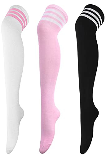 DRESHOW 3 Pairs Thigh High Socks Striped Over Knee Thin Tights Long Stocking Knee High Leg Warmer