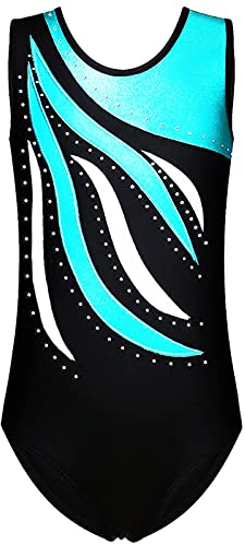 FINGER TEN Gymnastikanzug Mädchen Kurzarm Langarm Kinder Ballettanzug Gymnastik Training Gymnastikbody Trikotanzug Tanz Kleid Ballettkleid (Cyan, Tag 10A (9-10 Jahre))