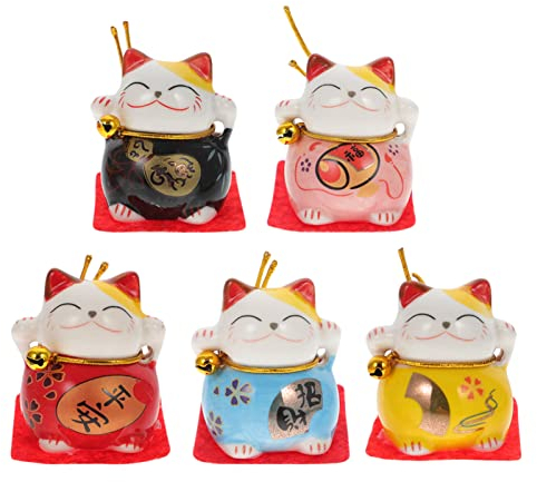 LIFKOME 5 Piezas Figuras Japoneses de Gato de La Suerte de Maneki Neko Estatuas Aniamal Lindas Esculturas de Gatito Topper Interior Decoraciones de Tablero de Tablero para Mesa de Oficina en Casa
