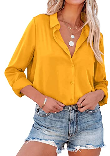 NONSAR Elegante blusa de satén y mangas largas para mujer, camisa con cuello en V, blusa de oficina de estilo casual, Gelb, L