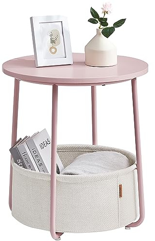 VASAGLE LILEA Collection - Small Round Side End Table, Modern Nightstand with Fabric Basket, Jelly Pink and Cream White ULET223R61