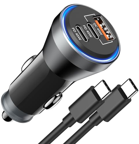 Zigarettenanzünder USB C 90W, 3Port Kfz Ladegerät USB C Autoladegerät USB Auto Adapter, Auto Ladegerät USB Zigarettenanzünder Adapter mit Ladekabel für Samsung Galaxy S23 S22 S21 S20,iPhone 15 Pro Max