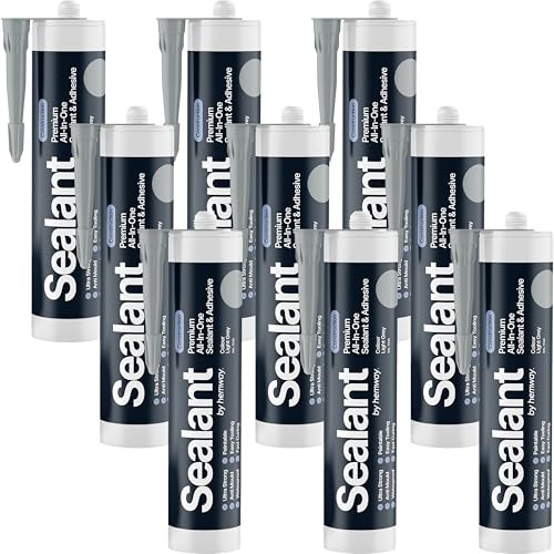 Light Grey Construction Sealant & Adhesive All-In-One Hybrid Polymer | Superior to Silicone Sealant | Waterproof, Odourless, Anti-Mould, Paintable | Kitchen Bathroom Outdoor - 300 ml 9 Pack