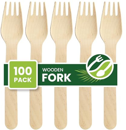 Eco Leaf Wooden Forks, 16cm | 100pcs | Biodegradable, Compostable, Plastic-Free Cutlery for Weddings, Picnics, Parties, Camping & Catering | Ideal for Desserts