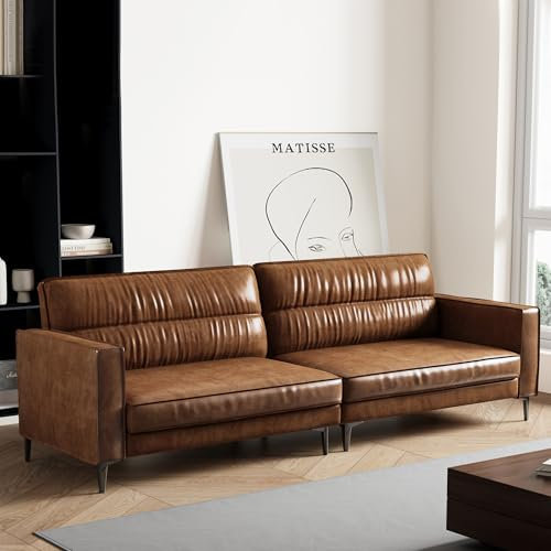 OLEYLUCKIDEA Vintage Ölwachleder Sofa 3-Sitzer, Retro Couch mit Metallfüßen, Leder Sofa, Braun – 220 cm – Loungesofa für Wohnzimmer, Pflegeleichtes Lederimitat, Antik-Stil, Stilvolle Wohnaccessoire