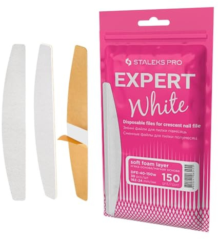 STALEKS PRO Set med 30 vita engångsnagelfilar, halvmåneform, expert 40 Grain 150
