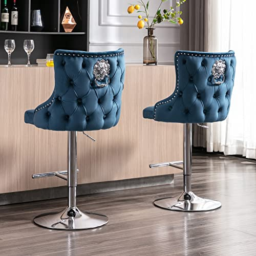 Ya-Home Tabouret de Bar Lot de 2 Chaise de Bar en Velours Réglable en Hauteur, Tabouret Comptoir avec Repose-Pieds, Chaise Haute Bar pour Comptoir/îlot de Cuisine, Bleu