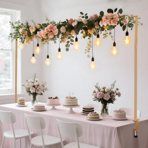 Adjustable Over Table Display Bar, 80-120 cm Height 120-260 cm Length Gold Metal Hanging Rod Stand with Clamps, Balloon Flower Arch Frame for Birthday, Wedding, Party, Anniversary Decorating