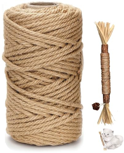 Win Change Corda in sisal naturale per tiragraffi – Corda di canapa resistente da 6 mm e spago giocattolo per gatti con erba gatta, include bastoncini Silvervine, ecologica per gatti e gattini