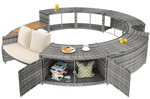 Set Lounge da Giardino con Divano Circolare Esterno - Mobili per Piscina e Idromassaggio, Struttura in Ferro Anti-Ruggine, Cuscini Impermeabili per Esterni, Gambe Regolabili per Terreni Irregolari