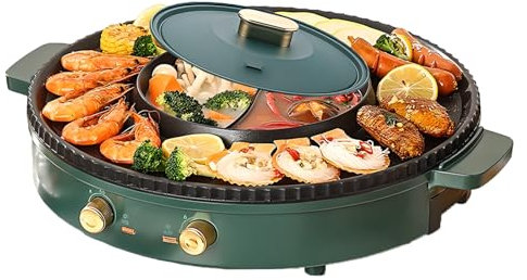 Electric Grill, Portable Hot Plate Teppanyaki Pan, 1360W Dual Temperature Control for 3-12 People, Multifunctional Cooking