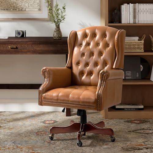 HULALA HOME Tufted PU Leather Office Chair with Wingback and Nailhead Trim, Adjustable Swivel Desk Chair with Rolled Armrests and Casters, Vintage Style(Camel)