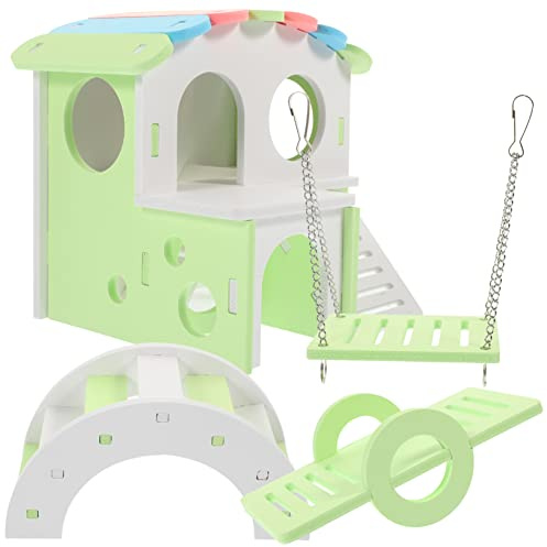 PENIKOKO Hamster Toy Habitat 4pcs Set with Colorful Swing, Teeter Totter, Large Green-white Arch Bridge, and Green Roof Villa – Small Animal Hideout, Guinea Pig Rest House, Indoor Pet Accessories
