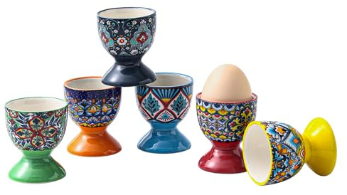 HENXFEN LEAD Coquetiers en Porcelaine, 6 pièces Coquetiers colorés pour œufs à la Coque et œufs durs, Motif Floral bohème Disponible en 6 Couleurs Vives