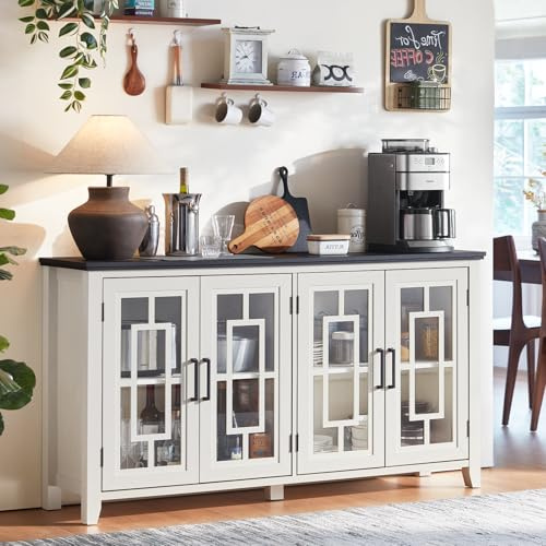 LELELINKY Large Sideboard Buffet Cabinet with Storage, 63 Farmhouse Credenza with 4 Glass Doors, Adjustable Shelves Console Table, Wood Kitchen Coffee Bar for Dining Room, Living Room, White