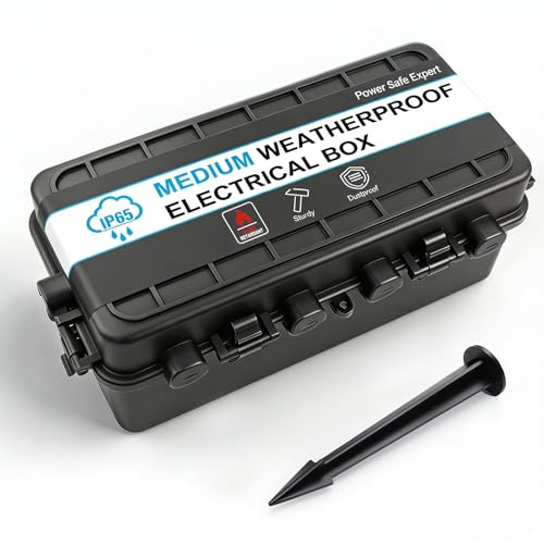 IP65 Wasserdichte Medium Outdoor Kabelbox(26,3 x 13,5 x 9,8 cm), 6 Kabeleingang Wasserdichte Anschlusskästen mit Bodenankern für Steckdosenleisten, Timerschaltuhren und Gartendeko, Schwarz