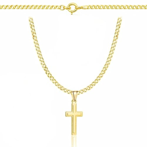 ZELYA Cadena de oro con cruz chapada en oro 925/585 de 14 quilates, cadena de eslabones para niñas y niños, cadena de comunión con cruz, cadena infantil para comunión y bautizo, caja de regalo con