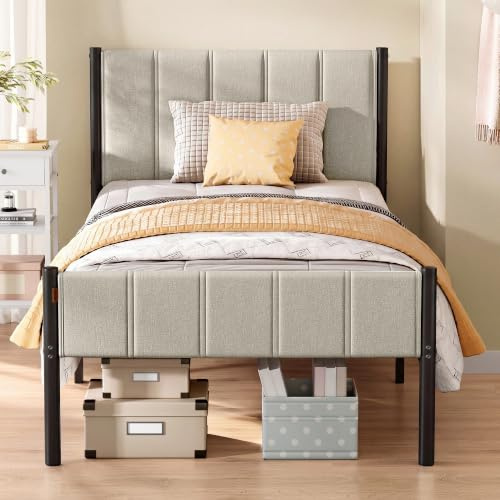 VASAGLE Single Bed Frame, Metal, with Upholstered Headboard, 90 x 190 cm