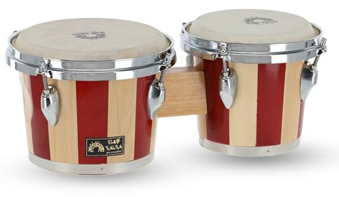 GEWA Set de Bongós 7 + 8,5 - Diseño retro clásico - Parches de piel natural - herrajes cromados - color natural/rojo a rayas - 826000