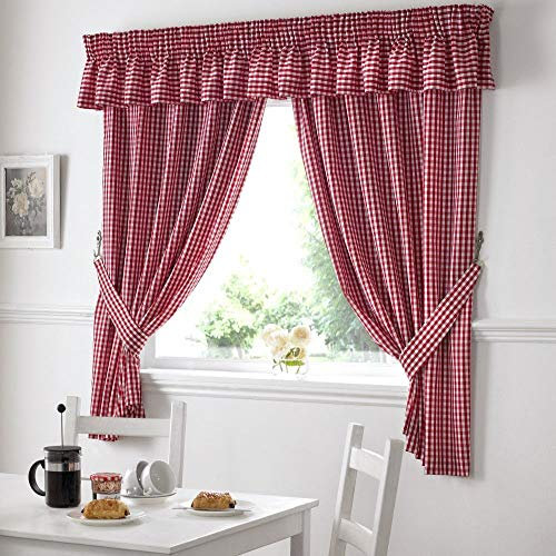 Gingham Check Kitchen Tape Top Curtains - Red (46 Wide x 42 Drop)