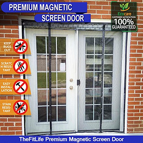 TheFitLife Double Door Magnetic Fly Screen - Mesh Curtain with Full Frame Hook & Loop Powerful Magnets, Snap Shut Automatically