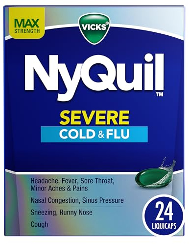 Vicks NyQuil Severe Cold, Flu, & Congestion Medicine, 24 Liquicaps, Maximum Strength, 24Count
