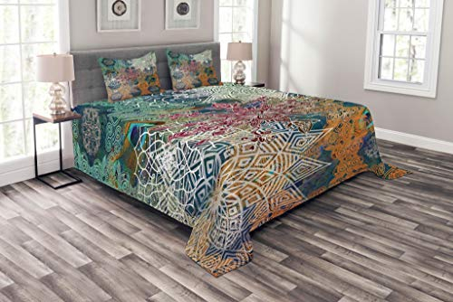 ABAKUHAUS Ethnisch Tagesdecke Set, Mandala und Pfauenfedern, Set mit Kissenbezügen Waschbar, für Doppelbetten 264 x 220 cm, Mehrfarbig Dunkelorange