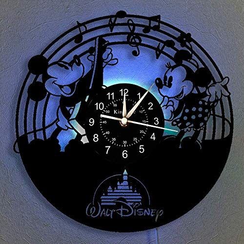 Smotly Vinyl-Wanduhr, Mickey Mouse Vintage Clock LED hängende Nachttischlampe 7 Farbe Wanduhr, Cartoon Uhr Disney-Geschenke Geburtstags-Geschenke handgemachte Hauptwanddekor,B,with Light