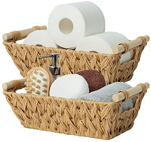 GRANNY SAYS Shelf Storage Baskets Wicker, Pack of 2 Small Storage Baskets, Handwoven Wicker Boxes with Handles for Bathroom Organising, Decorative Organiser for Entryway Bedroom, Nature Yellow