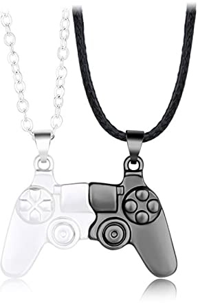 2 Par Magnetisk Spelkontroll Halsband för Män och Kvinnor - Silver Guld Rostfritt Stål Legering Hänge för Vän och Flickvän