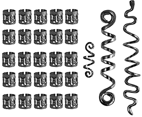 XCSJ 28Pcs Dreadlock Schmuck Haarspiralen Clips Haar Geflecht Ringe, Verstellbar Metall Cuffs Haar Dreadlocks Zubehör Manschetten Haarschmuck Set Haarspiralen Dreadlocks Für Männer,Frauen (Schwarz)