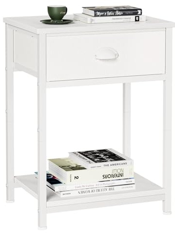 Furologee White Nightstand with Fabric Drawer, Small Side Table for Small Spaces, 2 Tiers Storage Shelves End Table, Night Stand for Living Room, Bedroom, Dorm
