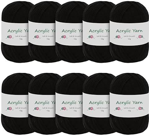 Domkan Fil Coton Extra Doux avec Fibre de Lait - Lot de 10 Pelotes (50g/100m chacune) - Pour Crochet et Tricot - Idéal pour Bébé & Amigurumi - Couleur Noir