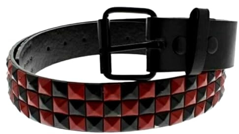 Unisex 3 Row Pyramid Studded Belt Bicolour Black and Red Check Checkered Chessboard